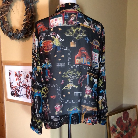 CHICOS size 2  Medium SILK Fun Asian Print Eastern Vibe Graphic Print $109 NEW - Picture 5 of 16